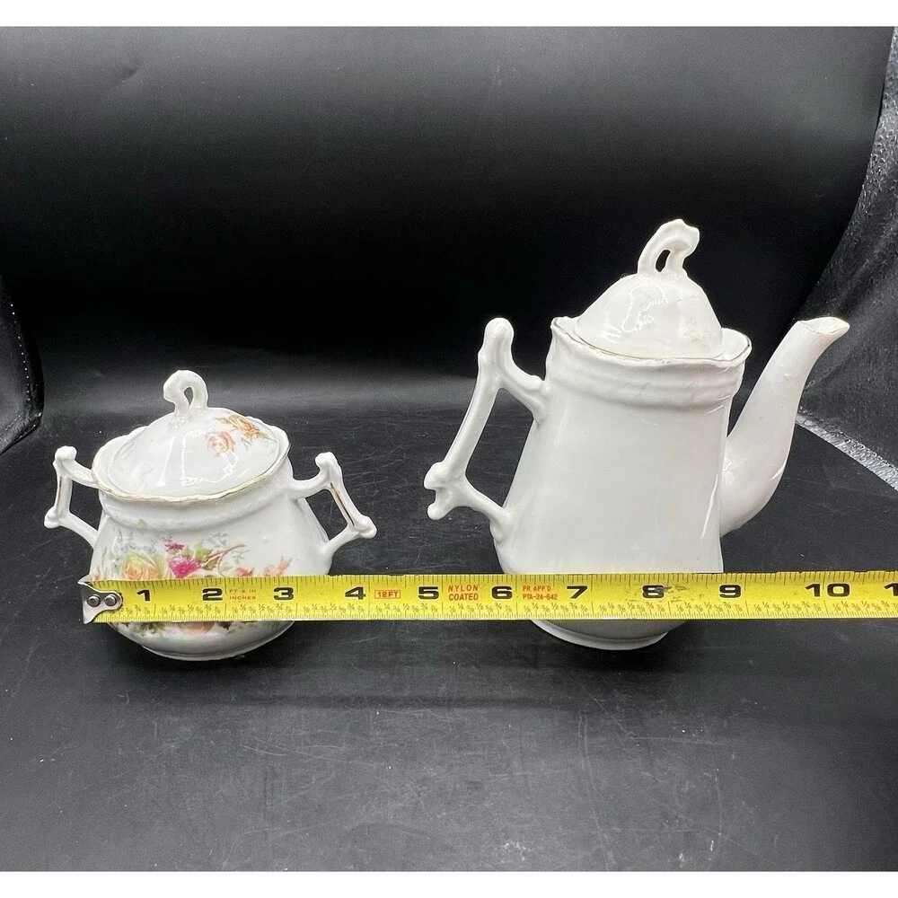 Vintage Porcelain Teapot Sugar Bowl Set Pink Yellow Rose Floral Gold Trim Lids